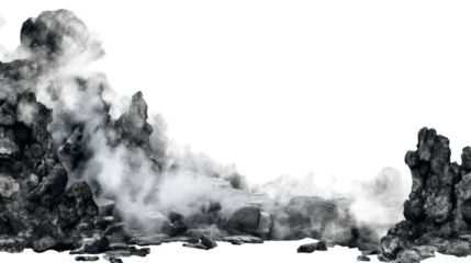 Misty rocks with swirling fog create mysterious atmosphere