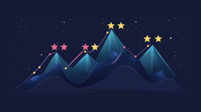 Colorful Graph Illustration with Stars Over Mountain Peaks on Dark Background for Data Visualization and Performance Analysis Projects
