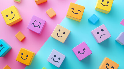 Colorful wooden blocks with smiley faces and expressions on a pastel background showcasing emotions in a playful arrangement for children and creativity