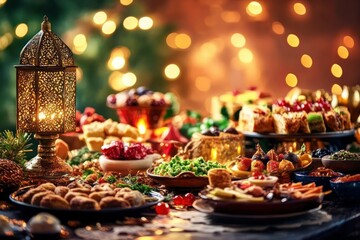 Festive Table Arrangement with Delicious Dishes Surrounded by Warm Holiday Lights and Decorations