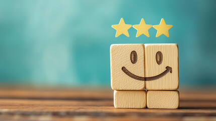 Happy face wooden blocks with three stars on a wooden surface symbolizing excellence and positive feedback in a cheerful and vibrant setting