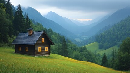 Fototapeta premium Cozy Wooden House on a Steep Slope Surrounded by Lush Green Mountains and Misty Sky