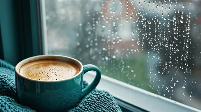 Enjoying a warm cup of coffee on a cozy rainy day by the window, Cozy rainy day with a cup of coffee on a windowsill, background