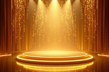 Golden marble stage podium with intense spotlight glow, stage, lighting