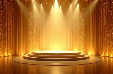 Golden marble stage podium with intense spotlight glow, stage, lighting