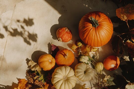 Autumn harvest pumpkins and gourds flat lay with negative space - Powered by Adobe