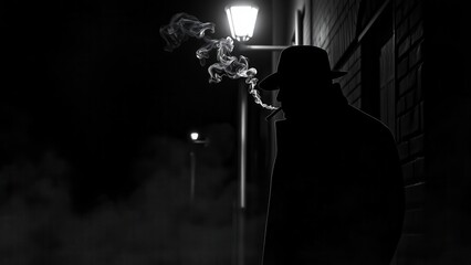 Man smoking a cigarette in a dark alleyway at night
