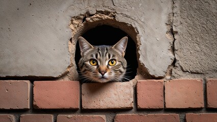 Fototapeta premium A playful cat peers out from a round hole in a concrete wall.