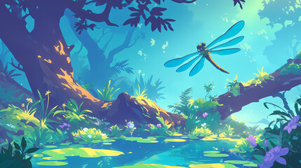 Dragonfly in the forest cartoon colorful illustration