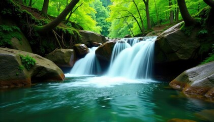 Fototapeta premium Emerald water cascades down rugged tree trunks,, creek waters, waterfalls