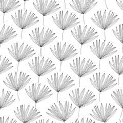 Black and white line art vector seamless pattern with palm leaves.