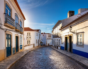Fototapeta premium A cozy Portuguese cobblestone street with traditional whitewashed homes and blue-tiled azulejos facades under gentle sunlight