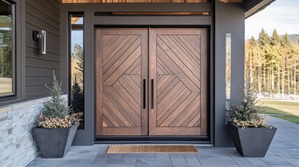 Elegant wooden double door design modern home entrance architectural feature scenic landscape front view contemporary style