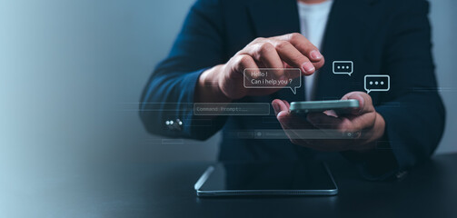 Chat with AI or Artificial Intelligence technology, Chat Bot, Businessman using smartphone to chatting with an intelligent artificial intelligence asks for the answers he wants, Chat Ai bot.