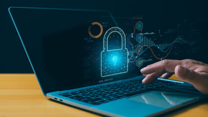 Cybersecurity and privacy concepts to protect data, Lock icon and internet network security technology, Firewall security, Data protection, Information safety and encryption, Secured access.