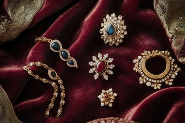 Obraz premium Jewelry on velvet cloth with studio lighting and space for text