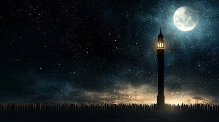 Mystical Night Sky with Bright Moon Illuminating Tower and Starry Background in Serene Landscape