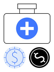 Medical kit with cross symbol beside two coins, symbolizing healthcare costs, insurance, and funding. Ideal for healthcare, finance, savings, medical aid cost planning policies and welfare. Flat