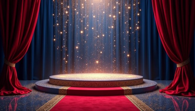 Empty stage with dramatic red lighting, ideal for theatrical performances, concerts, and dance shows, Stage