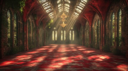 Sunlit, overgrown, gothic hall