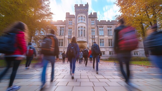 Blurred students walking towards a historic school building, surrounded by autumn foliage, creating a vibrant campus atmosphere. - Powered by Adobe