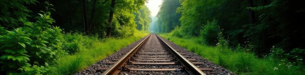 Fototapeta premium Long railway track disappears into the dense forest, railways, trees, nature
