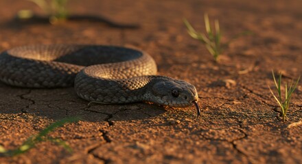 Fototapeta premium A Stealthy Mole Viper Slithers Out From the Loose, Reddish-Brown Soil, Its Glossy, Cylindrical Body Shimmering Under the Golden Sunset_