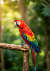 Colorful scarlet macaw perched on branch in vibrant tropical forest