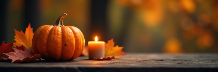 Pumpkin on a wooden table with a warm candle light shining from beneath, fall, candlelight, harvest
