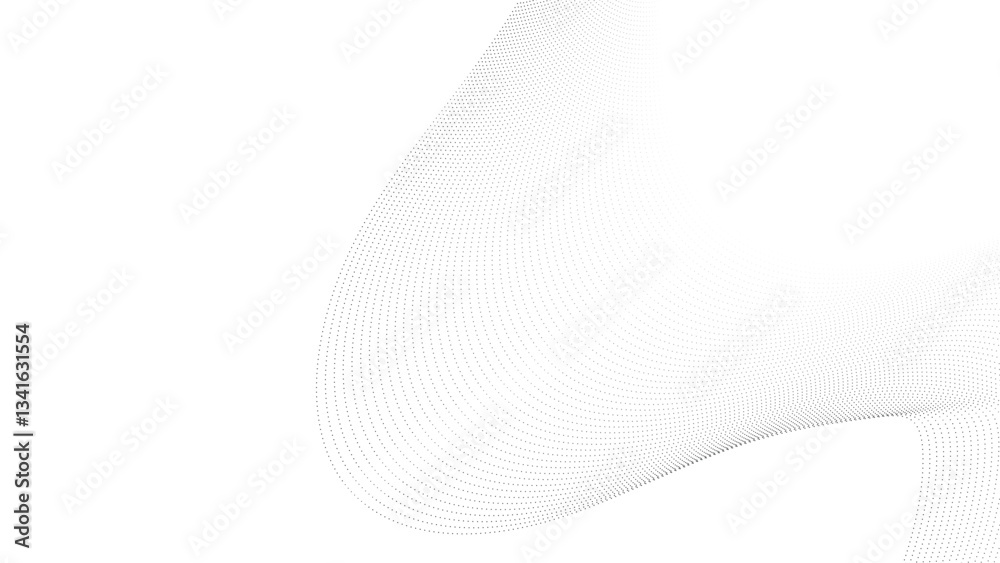 Poster flowing wave dot particles halftone pattern black gradient curve shape isolated on transparent backg