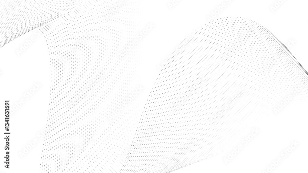 Poster flowing wave dot particles halftone pattern black gradient curve shape isolated on transparent backg