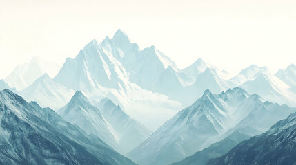 Fototapeta premium Cool-toned snowy mountain peaks with soft lighting, rendered in a minimal and ethereal style.