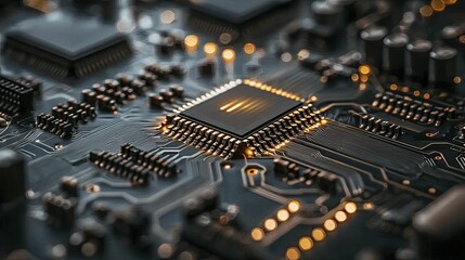 Mesmerizing digital landscape featuring layered circuit paths, glowing holographic interfaces, and cybernetic structures against a vibrant azure horizon.