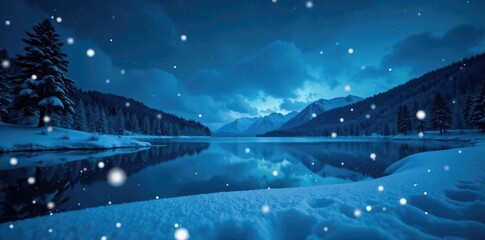 Fototapeta premium Snowflakes gently falling on a frozen lake under starry night sky, dark blue sky, snowfall,
