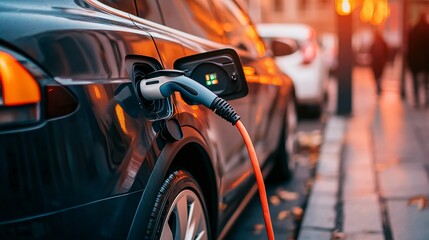 Naklejka premium Electric Vehicle Charging Cable Positioned at a Modern Energy Station