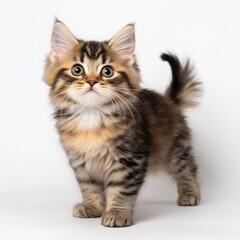 Obraz premium Adorable fluffy kitten with striking eyes posing against a plain background, showcasing its playful nature