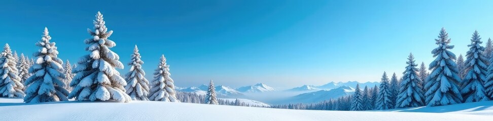 Obraz premium spruce trees against clear blue sky with snow, winter, landscape