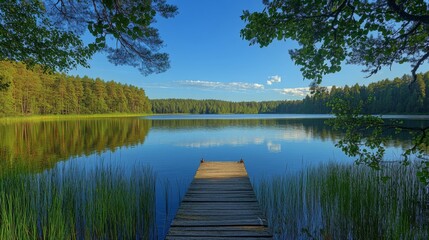 Serene Lake Landscape With Wooden Dock