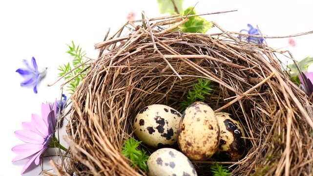Easter eggs and spring flowers in nest  isolated on white background. Beautiful quail eggs in a real birds nest decorated with flowers. Spring Holidays border art design, rotating. 