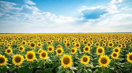 Fototapeta premium Scenic sunflower field under a blue sky with fluffy clouds on a sunny day