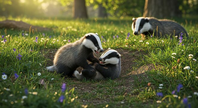 Two Young Badger Cubs Playfully Wrestling Near the Entrance of Their Burrow in a Lush Spring Meadow_