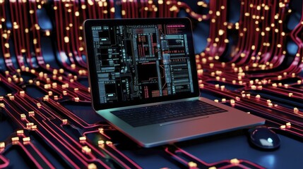 Cyberpunk data workstations with illuminated screens, featuring intricate circuitry patterns and glowing interfaces for enhanced productivity.