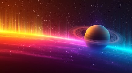 Vibrant Cosmic Scene Featuring Saturn Surrounded by Colorful Light Waves and Stars