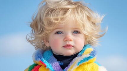 Fototapeta premium Child portrait, bright colors, blue sky, curly hair