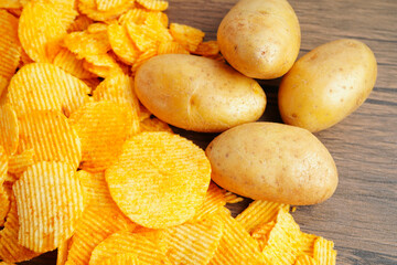 Potato chips , delicious BBQ seasoning spicy for crips, thin slice deep fried snack fast food.