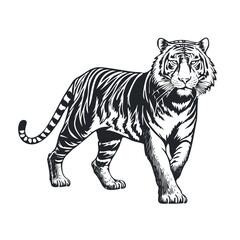 tiger prowling, side view with head facing the camera, simple stamp graphic illustration, black and white only
