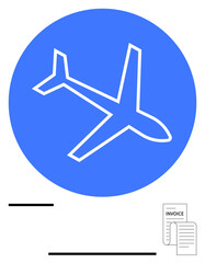 Airplane graphic within blue circle symbolizing travel overlaid near invoice papers, highlighting cost management. Ideal for budget planning, travel policies, aviation industry, expenses, accounting