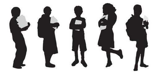 Silhouettes of school boys and girls holding books. The children are wearing backpacks and appear to be students. Black vector illustrations set isolated on transparent background