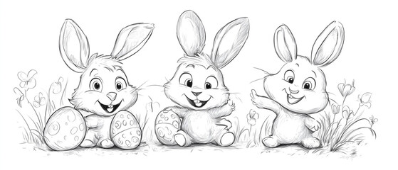 sketch illustration of 3 easter bunnies and eggs; simple cartoon drawing 