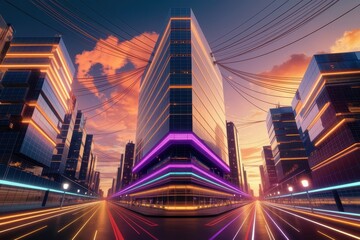 Fototapeta premium Renewable energy and job creation concepts. Futuristic cityscape with illuminated skyscrapers and vibrant skies.
